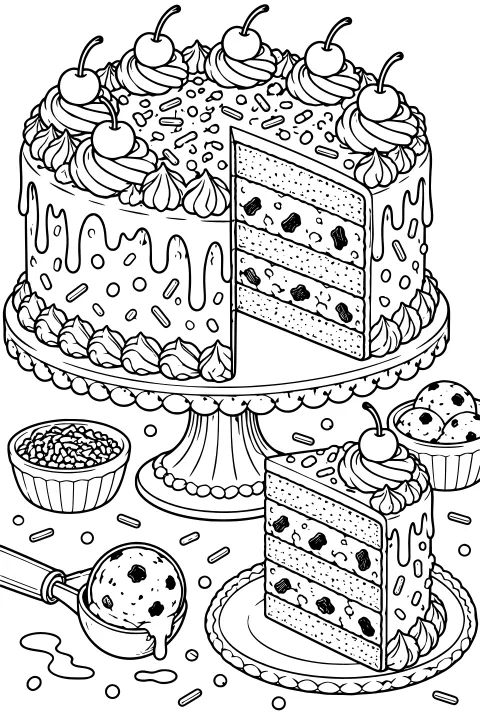 Layered cake on a pedestal with dripping icing, piped frosting, stemmed fruit, sprinkles, a plated slice, frozen scoops, and topping bowls.