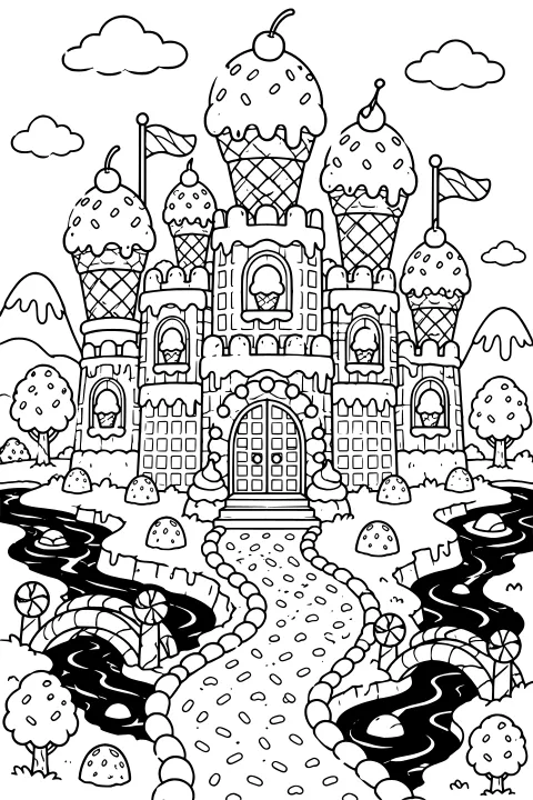 Ice cream cone castle with frosting-covered towers, a sprinkle path, candy cane bridges, lollipops, winding streams, trees, mountains, and clouds.