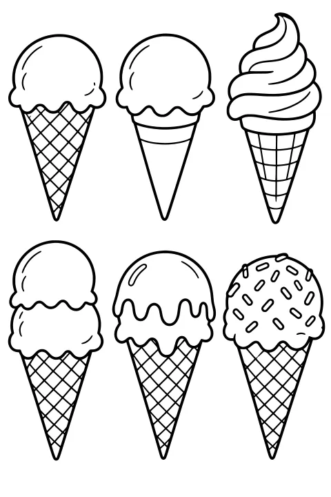 Ice cream cones with rounded scoops, soft-serve swirls, waffle-patterned cones, dripping topping, and sprinkles arranged in rows.