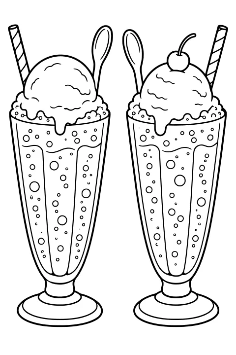 Tall fluted glasses holding bubbly ice cream floats with scoops, dripping topping, striped straws, long spoons, and a cherry garnish.