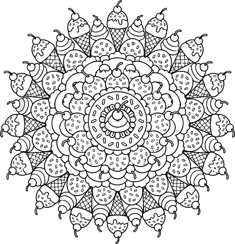 Black-and-white dessert mandala with ice cream swirls, waffle cones, strawberries, cherries, sprinkles, scalloped bands, and a central frozen treat.