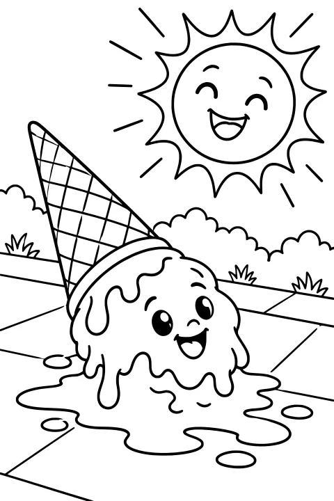 Melting ice cream with a face spreads across a paved path beside a tipped waffle cone, beneath a large sun with a face, clouds, and grass tufts.