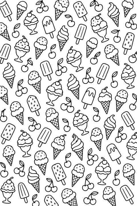 Repeating line-art pattern of ice cream cones, sundaes, soft-serve cones, popsicles, and cherries with leaves