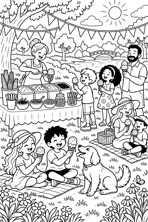 Children and adults enjoy ice cream beside an outdoor serving table, with a dog, picnic blankets, flowers, bunting, trees, a stream, and a bridge.