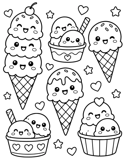Ice cream scoops with faces in waffle cones and cups, decorated with sprinkles, a cherry, dripping topping, wafer sticks, hearts, and stars.