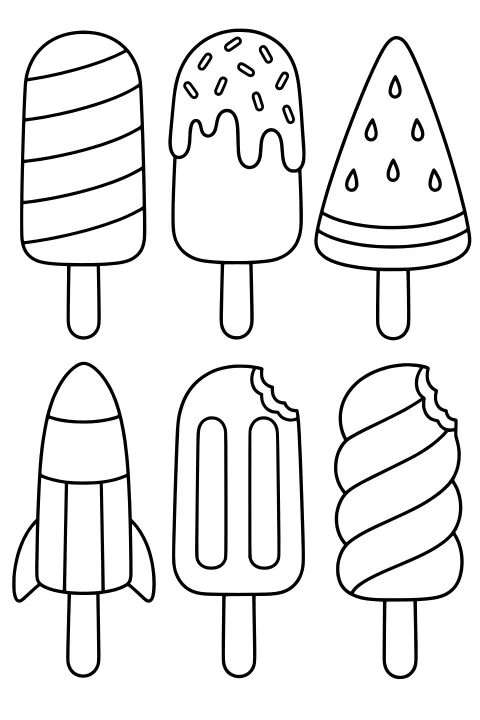 Six outlined popsicles with striped, sprinkled, fruit-slice, rocket, grooved, and swirled designs, including bite marks on lower treats.