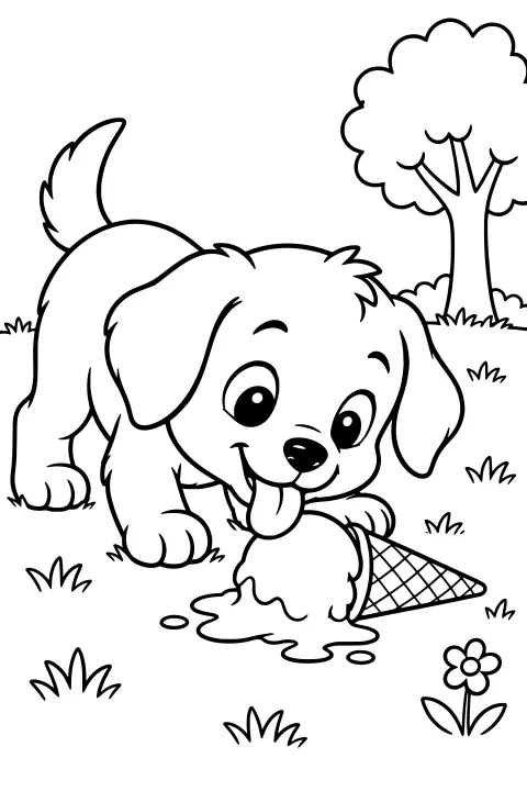 Puppy leaning down to lick melting ice cream beside a toppled waffle cone in a grassy outdoor scene with a tree and flower.