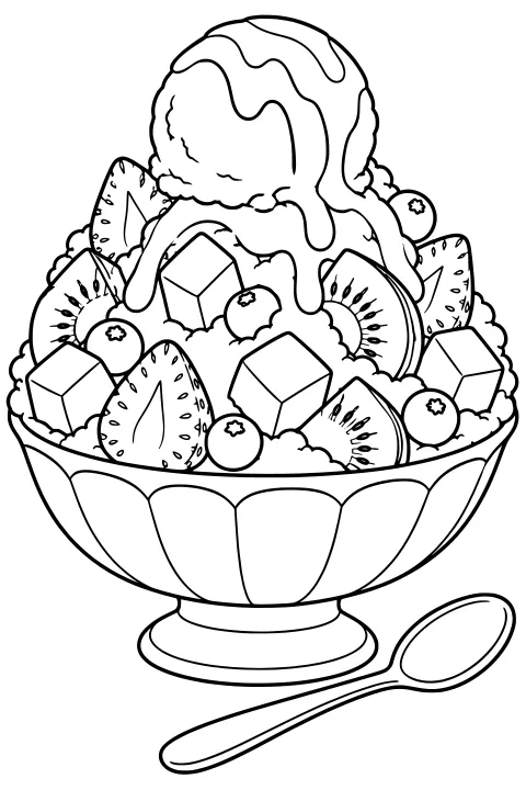 Shaved ice with dripping syrup, fruit slices, berries, and cubes in a pedestal dessert bowl with a spoon beside it.