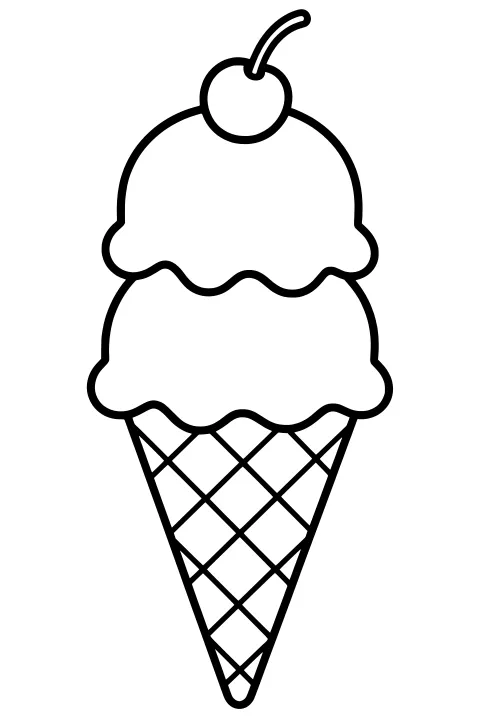 Tall ice cream cone with rounded dripping scoops, a stemmed cherry, and a crisscross waffle pattern