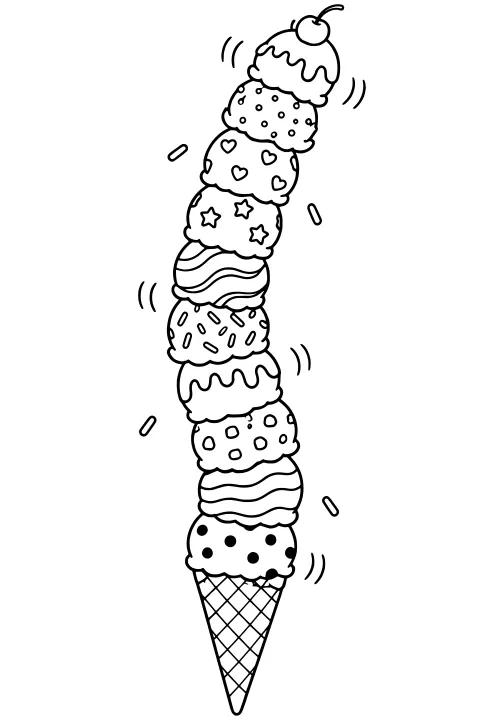 Tall stack of decorated ice cream scoops on a waffle cone, topped with dripping sauce and a cherry, with motion lines suggesting a wobble.