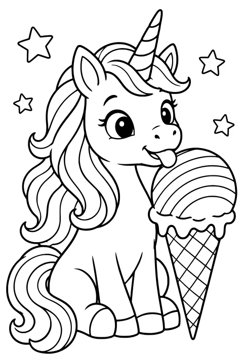 Unicorn with a striped horn and flowing mane licking a large melting scoop on a waffle cone, with stars in the background.