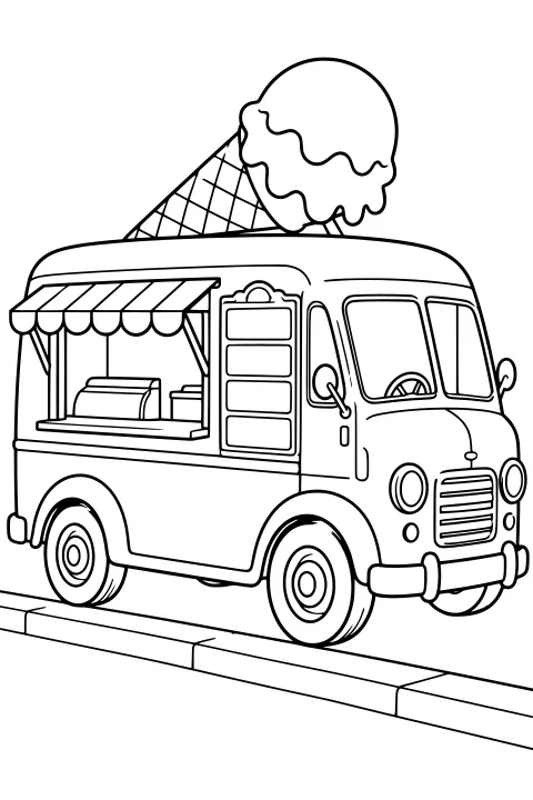 Vintage ice cream truck beside a curb with a service window, striped awning, rounded front, and oversized melting ice cream cone on the roof.