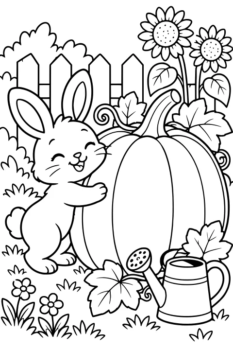 Bunny embracing a large pumpkin among leafy vines, flowers, grass, a picket fence, and a watering can.