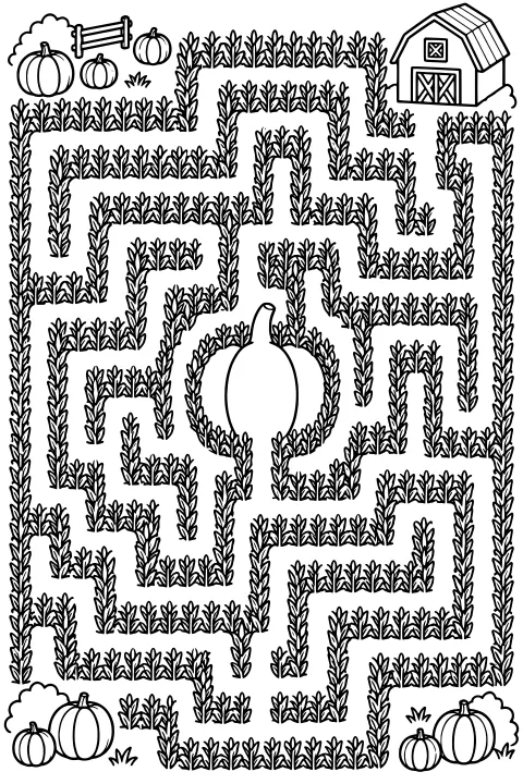 Overhead view of a corn maze with a large pumpkin in the center, surrounded by a barn, fence, pumpkins, grass, and bushes.