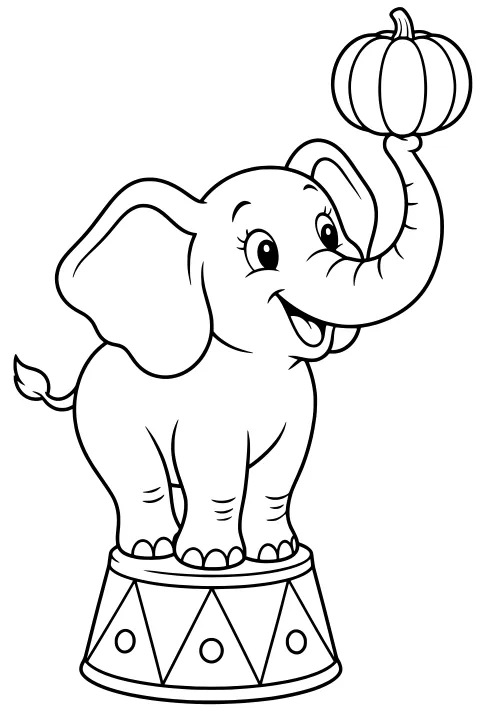 Elephant standing on a decorated round pedestal with a pumpkin balanced on the tip of its raised trunk.