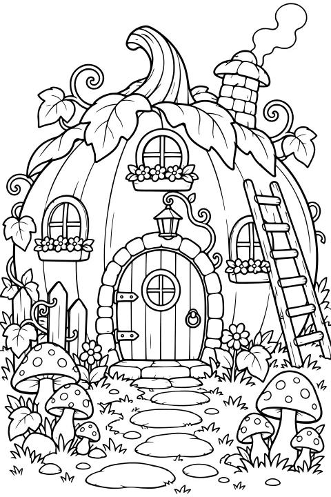Pumpkin-shaped fairy house with arched windows, flower boxes, chimney, ladder, mushrooms, curling vines, and a stepping-stone path.