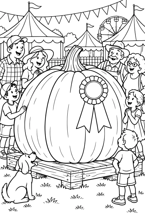 Giant pumpkin with a prize ribbon on a wooden platform, surrounded by fair visitors and a dog, with tents, bunting, flags, and a Ferris wheel behind them.