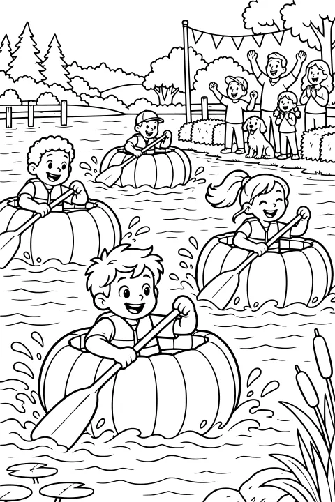 Racers paddling giant pumpkin boats on a pond as people and a dog watch from a bank decorated with bunting and hay bales.