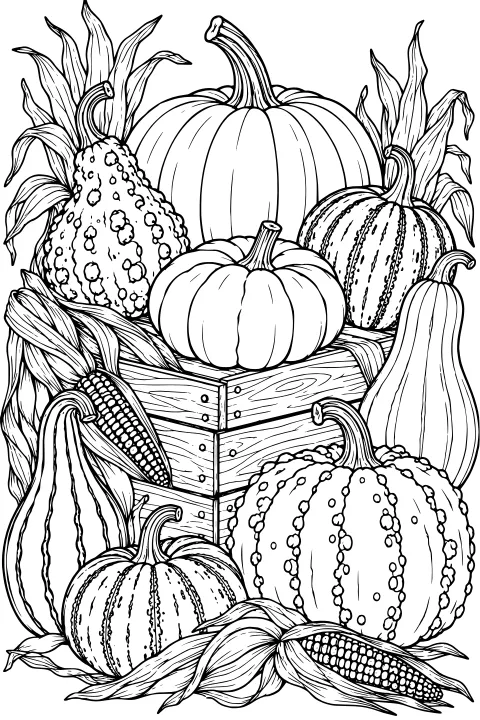 Assorted pumpkins and gourds arranged around a wooden crate with corn cobs, curling husks, leafy stalks, ribbed surfaces, and bumpy rinds.