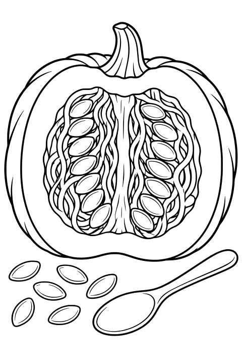 Cutaway view of a pumpkin with seeds, fibrous strands, a central core, loose seeds, and a spoon