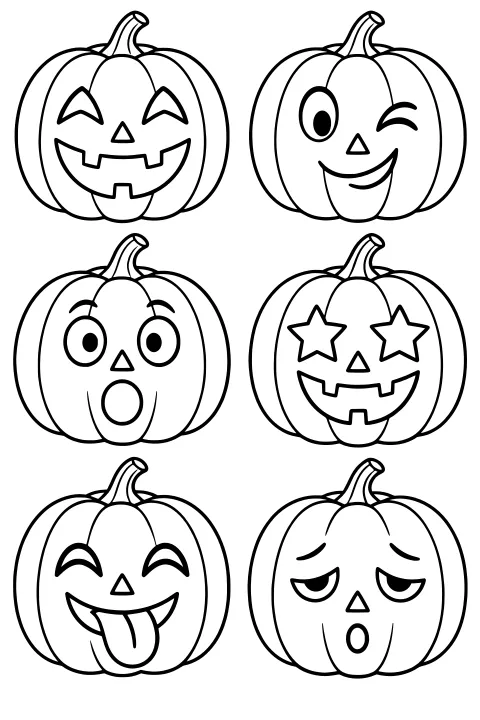 Black-and-white line art of six pumpkins in rows with varied faces, including triangle eyes, a wink, star-shaped eyes, wide smiles, a tongue, and round open mouths.