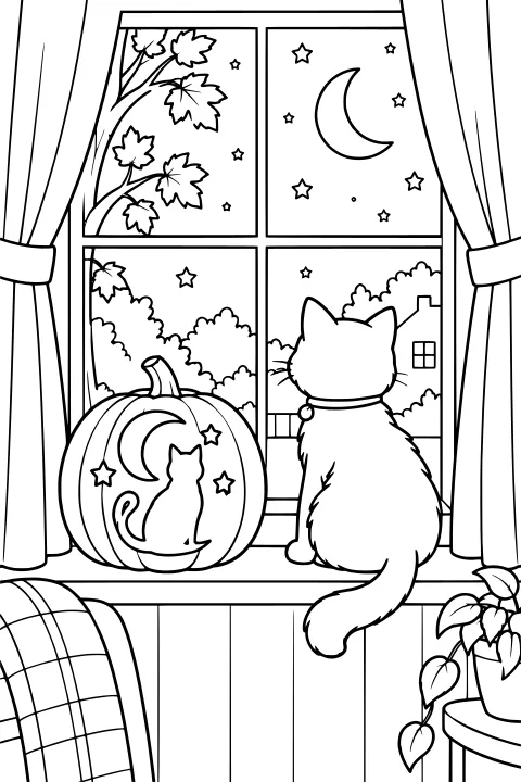 Cat beside a decorated pumpkin on a curtained windowsill, with a crescent moon, stars, branches, shrubs, and a house outside