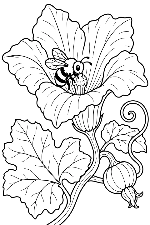 Bee resting on a large pumpkin blossom beside broad veined leaves, a curling vine, a ribbed pumpkin, and a hanging flower bud.