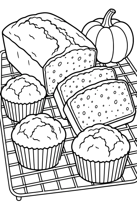 Loaf, bread slices, and muffins resting on a wire cooling rack with a pumpkin in the background.