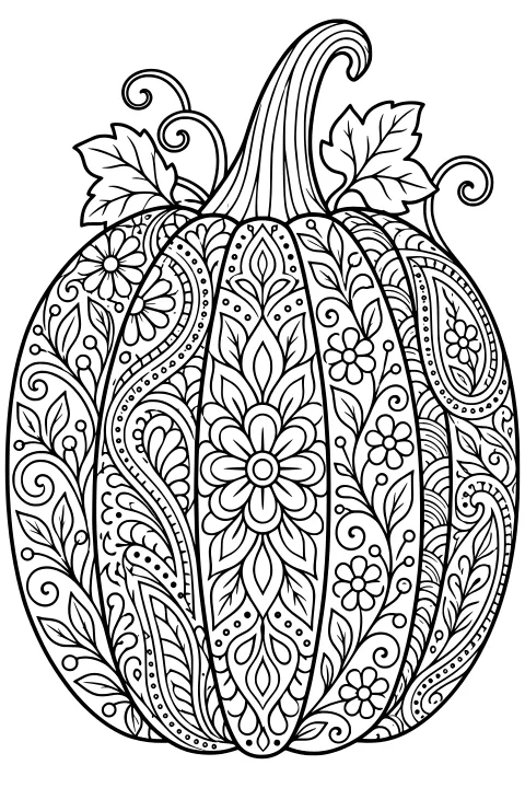 Ornate pumpkin with a tall curved stem, floral panels, paisley motifs, leafy vines, dotted borders, and spiral tendrils.