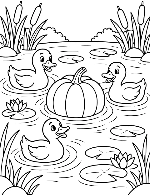 Large pumpkin floating among swimming ducks in a pond with lily pads, water-lily blossoms, cattails, reeds, and rippling water.