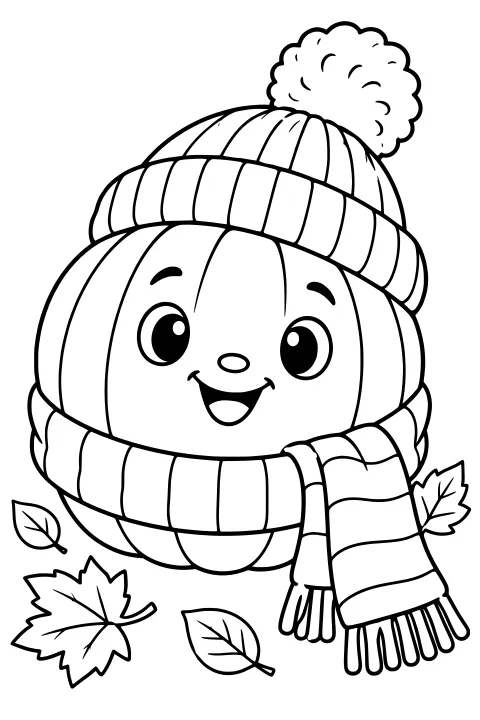 Smiling pumpkin wearing a ribbed pom-pom hat and fringed scarf, surrounded by autumn leaves.