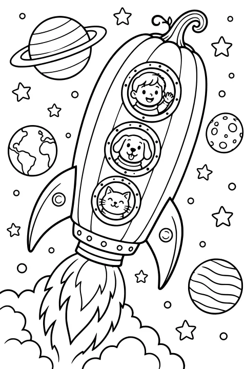 Pumpkin-shaped rocket flying through space with a child, dog, and cat in portholes, surrounded by stars, planets, clouds, and a large flame.