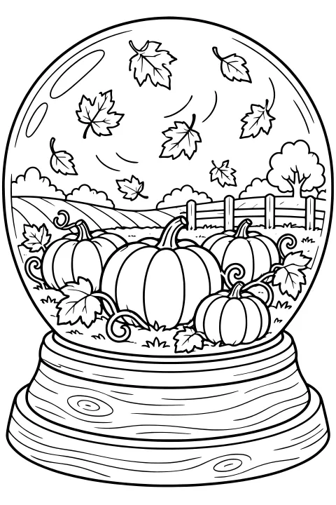Pumpkins and curling vines inside a snow globe with swirling autumn leaves, a fence, farm rows, shrubs, a tree, and a woodgrain base.