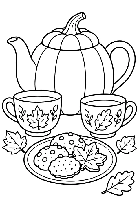 Pumpkin-shaped teapot behind leaf-decorated teacups, a plate of patterned cookies, and scattered maple and oak leaves.