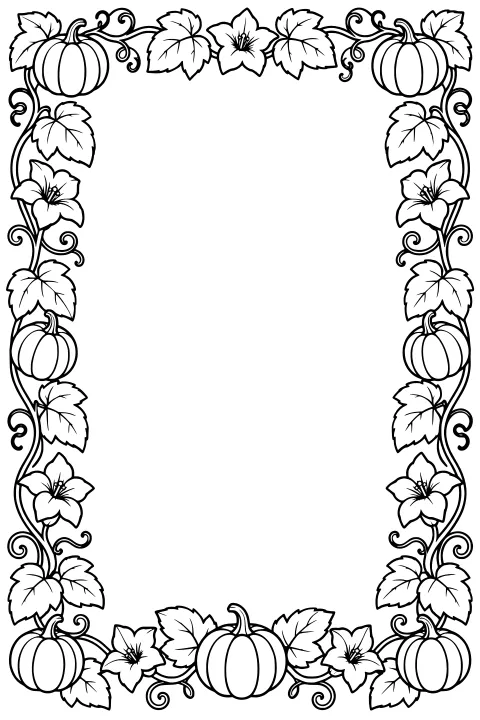 Ornamental border of ribbed pumpkins, pointed leaves, open flowers, and curling vines surrounding a large blank center.