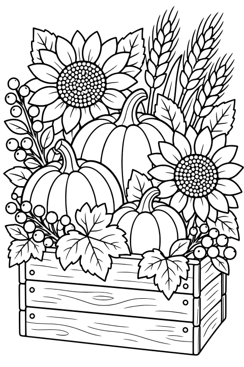 Wooden crate filled with ribbed pumpkins, sunflowers, wheat stalks, leafy vines, and clusters of round berries.