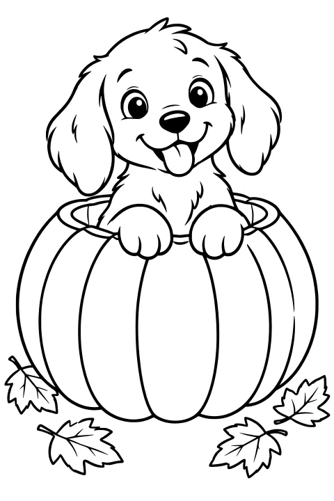 Floppy-eared puppy sitting inside a hollow pumpkin with paws on the rim, tongue raised, and fallen leaves scattered nearby.