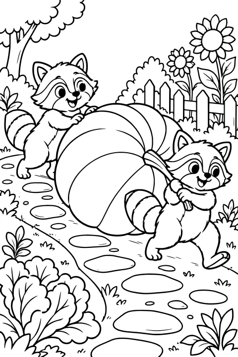 Raccoons push and pull a giant pumpkin along a stone path through a garden with flowers, shrubs, trees, and a picket fence.