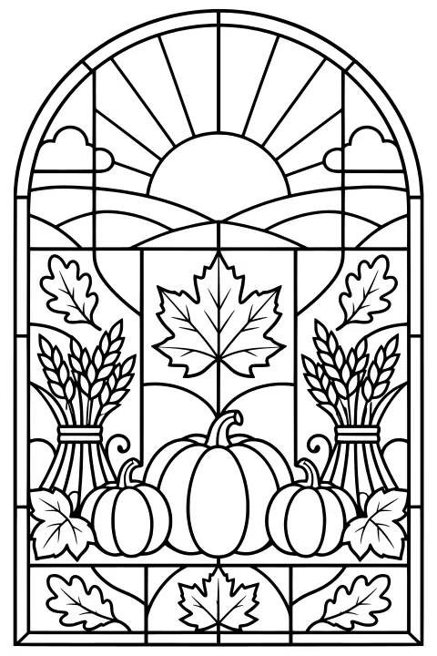 Arched stained-glass line art with pumpkins, grain bundles, autumn leaves, rolling hills, clouds, and a rising sun.