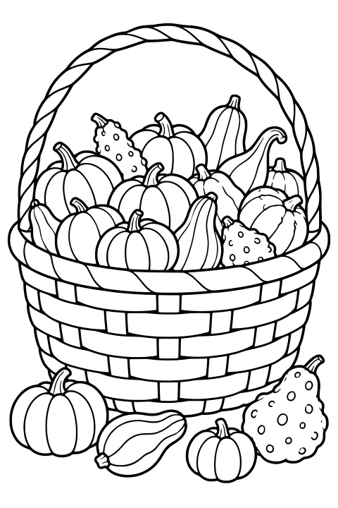Woven basket filled with pumpkins and assorted gourds, with more pumpkins and textured gourds resting in front.