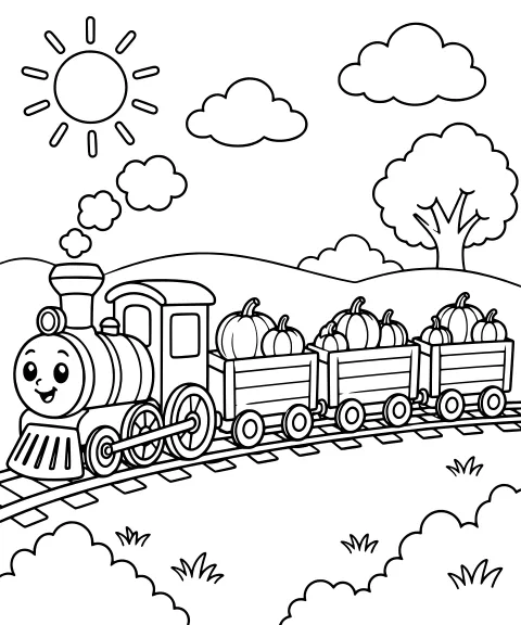 Round-faced toy steam train pulling open wagons filled with pumpkins along tracks, with a sun, clouds, smoke puffs, hills, bushes, and a tree.