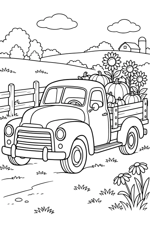 Vintage pickup truck loaded with pumpkins beside sunflowers, a wooden fence, rolling fields, and a distant barn and silo.