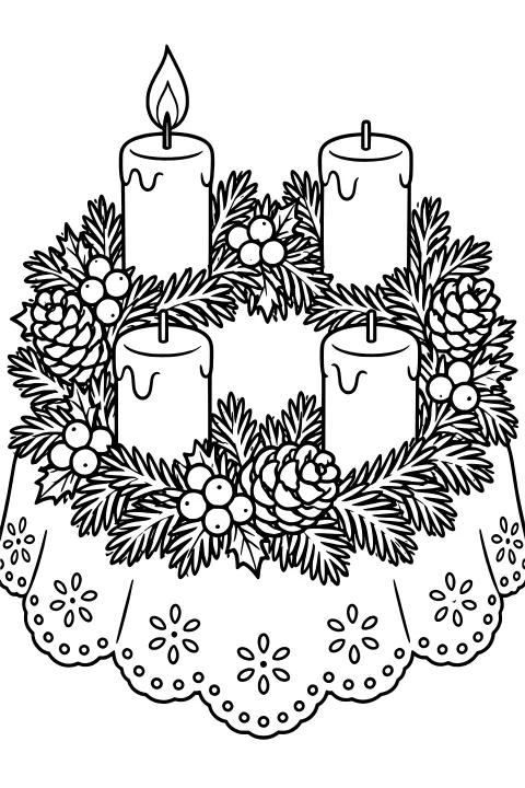 Evergreen Advent wreath with berries, pinecones, pointed leaves, four pillar candles, one visible flame, and a scalloped floral cloth underneath.
