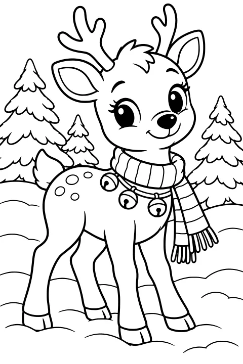 Baby reindeer with antlers, rounded spots, a striped fringed scarf, and neck bells standing among snowbanks and evergreen trees.