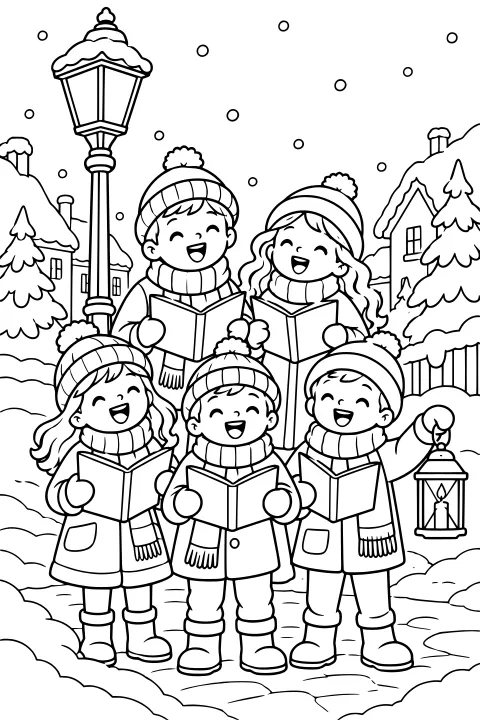 Bundled carolers singing from open songbooks on a snowy village street with evergreens, houses, a streetlamp, and a handheld lantern.