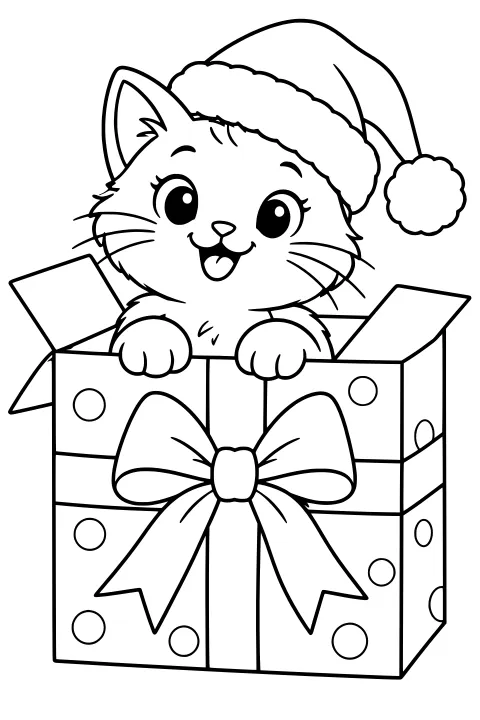 Cat in a fluffy Santa hat peeking from an open gift box decorated with a large ribbon bow and circular spots.