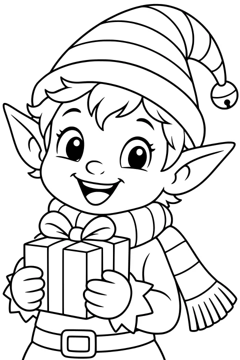 Christmas elf holding a wrapped gift, wearing a striped hat with a bell, a striped scarf, cuffed sleeves, and a buckled belt.