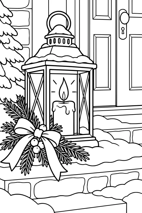Lantern with a burning candle on snowy front steps, decorated with evergreen branches, round ornaments, and a large bow beside a paneled door.