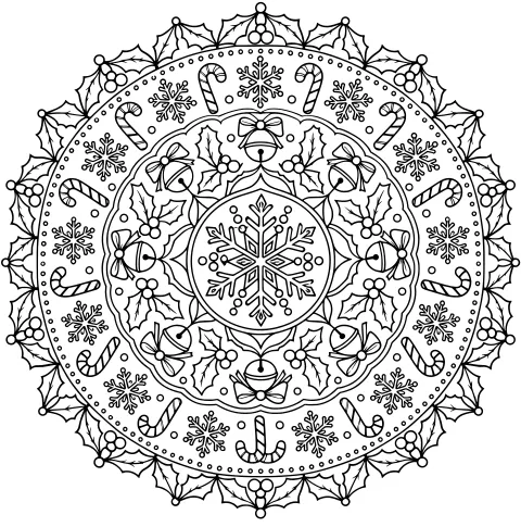 Circular Christmas mandala with a central snowflake, surrounded by bells, bows, holly, berries, candy canes, smaller snowflakes, and dotted rings.
