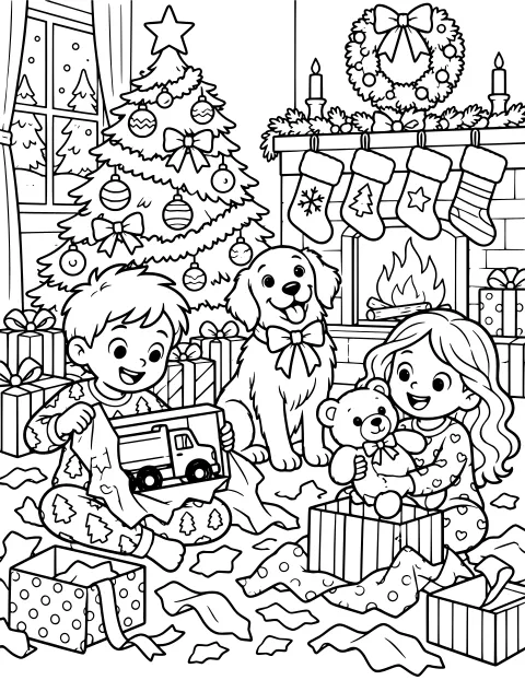 Children opening Christmas gifts with a dog beside a decorated tree, fireplace, stockings, wreath, toy truck, teddy bear, presents, and wrapping paper.